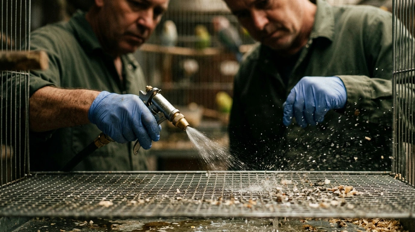 Bird breeder using a high-pressure sprayer for thorough waste removal from a breeding cage floor.