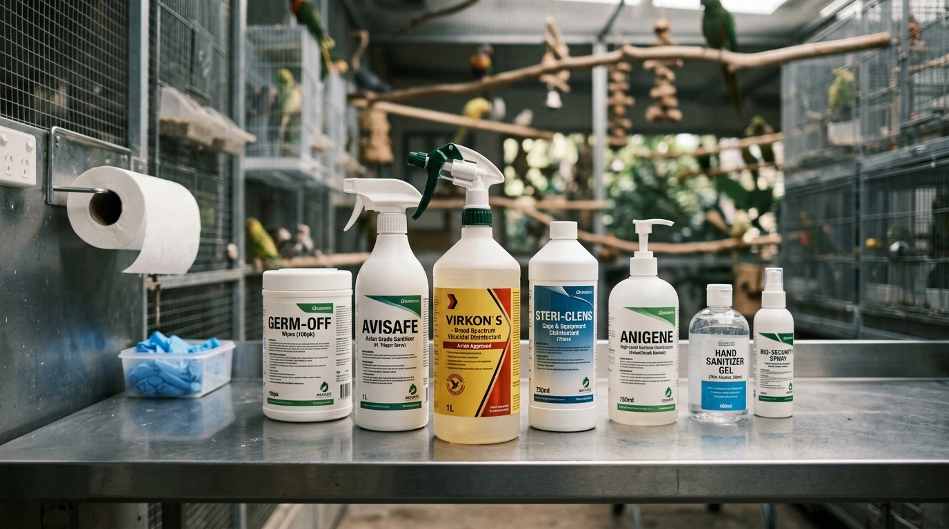 Assortment of professional-grade disinfectants and sanitizers for avian facility hygiene.