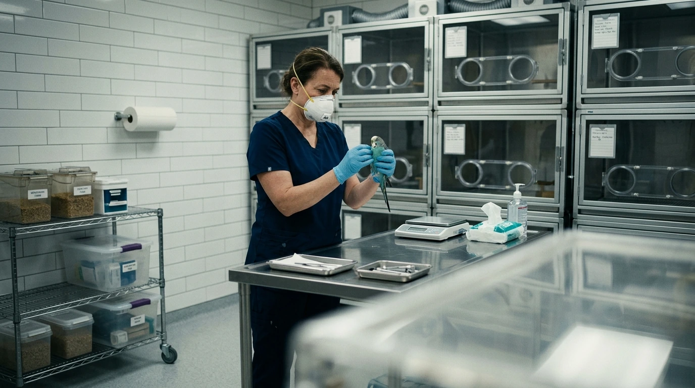 Avian expert in full PPE carefully inspecting a bird within a dedicated quarantine enclosure.