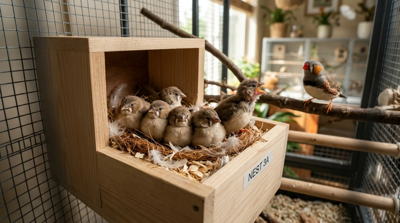 Healthy young birds thriving in a spotless nesting box within a well-maintained breeding cage.