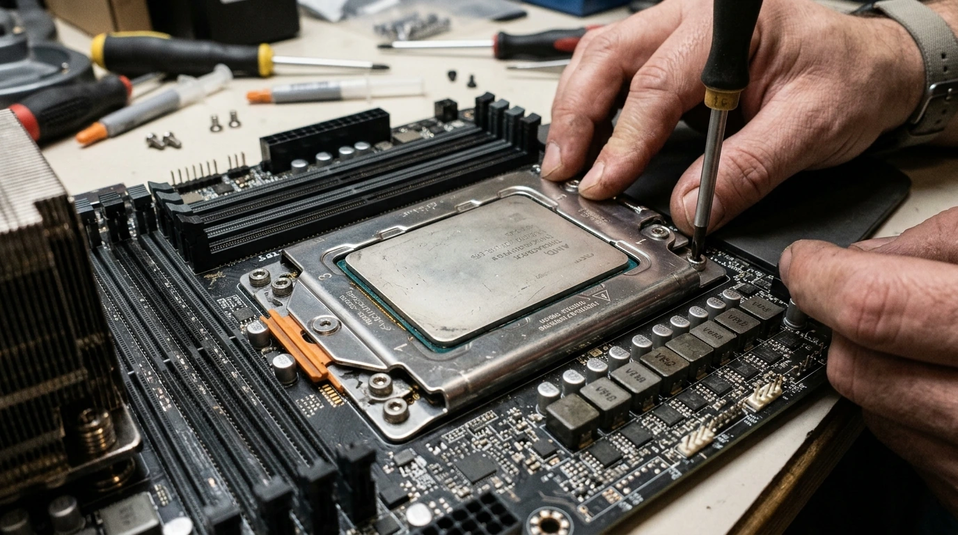 A high-core-count CPU, like an AMD Threadripper, precisely seated in its socket on a workstation motherboard.