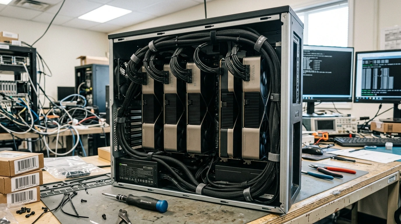 Multiple high-end GPUs, such as NVIDIA RTX series, installed and powered within a data science workstation chassis.