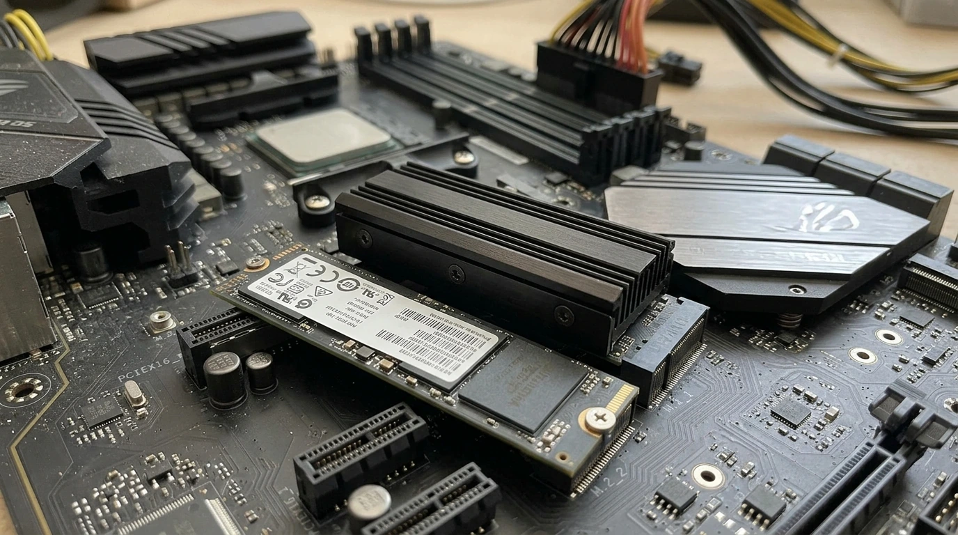 Several NVMe SSDs with heatsinks mounted on the M.2 slots of a workstation motherboard, ready for high-speed data access.