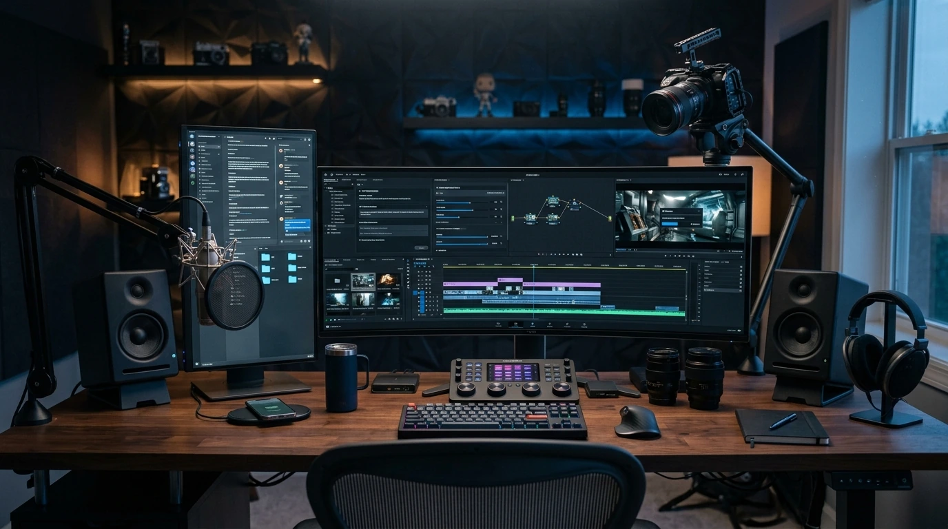 Professional video editing setup demonstrating automated AI video generation workflows
