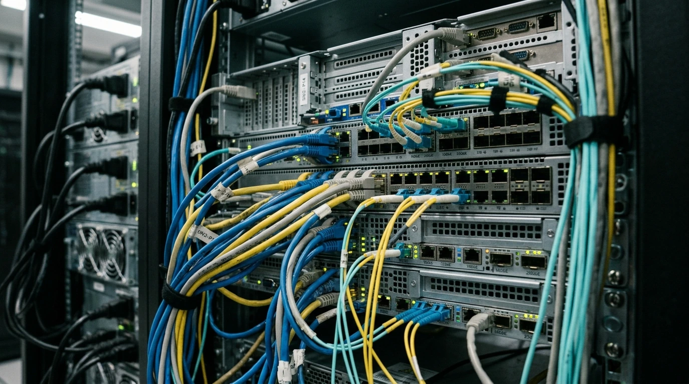 Rear view of multiple enterprise servers in a rack, showcasing dense network cabling and various port types.