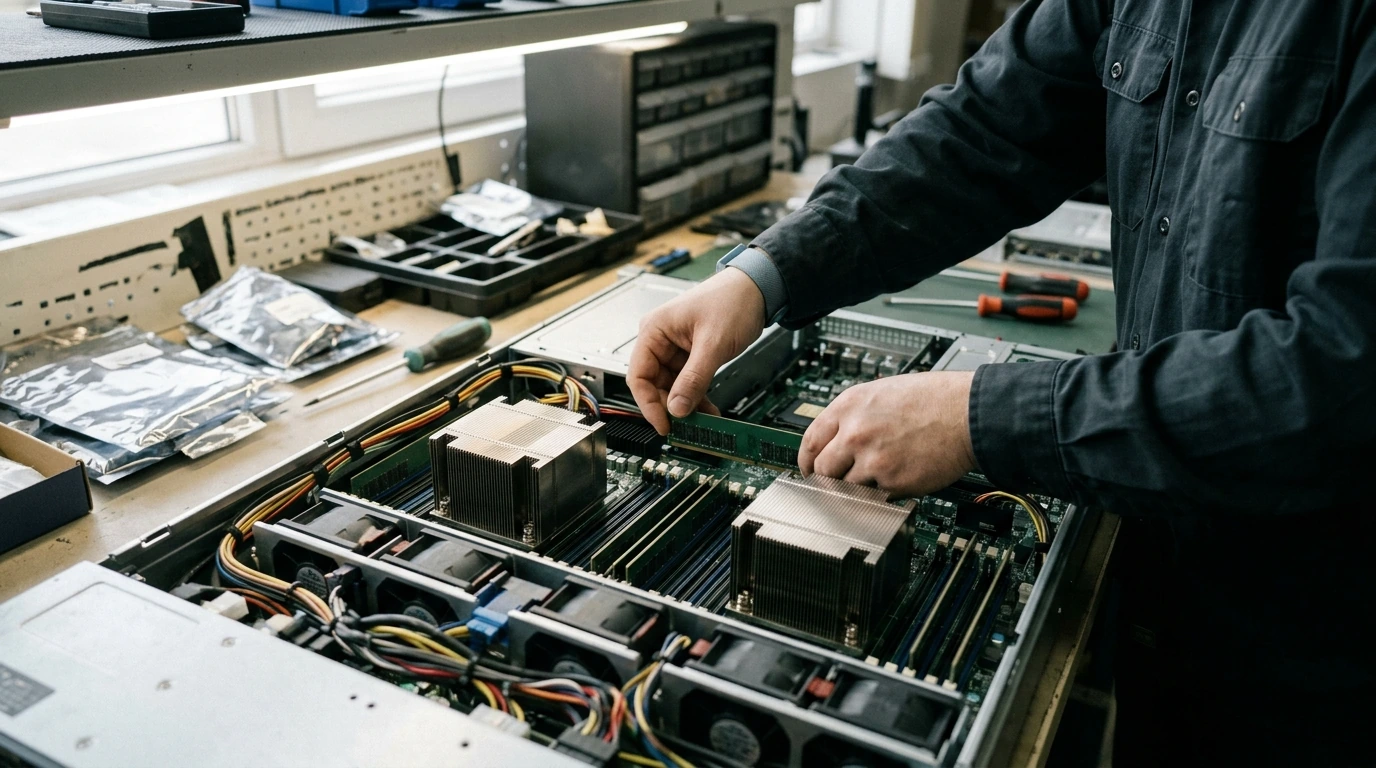 An IT engineer carefully installing memory modules into an open enterprise server chassis.