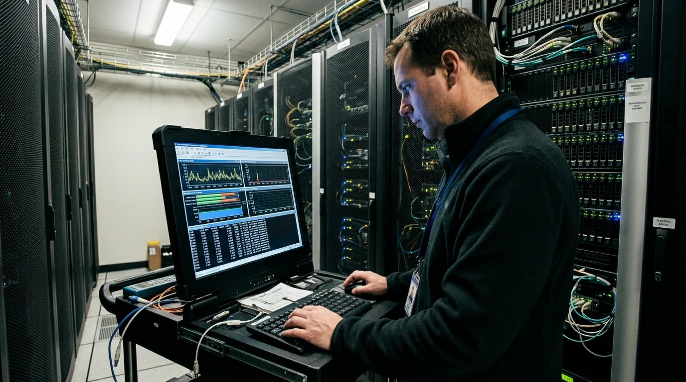 A server technician reviewing real-time performance and thermal data on a diagnostic monitor in a server room.