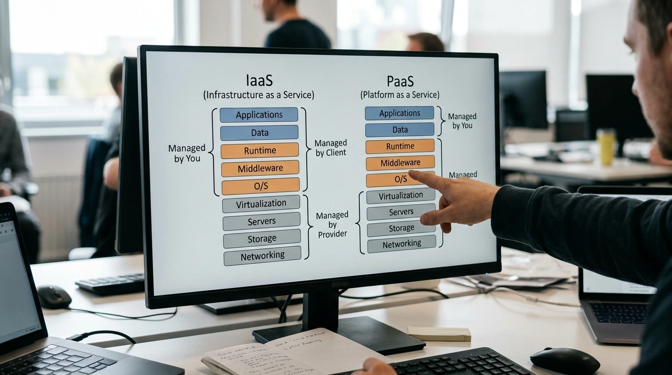 Conceptual diagrams comparing Infrastructure as a Service (IaaS) and Platform as a Service (PaaS) architectures.