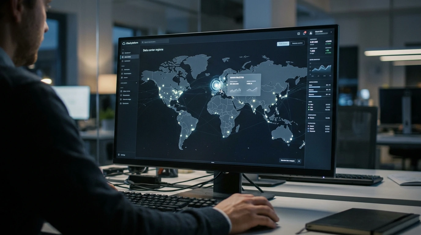 A world map on a screen showing highlighted cloud data center regions for selection.