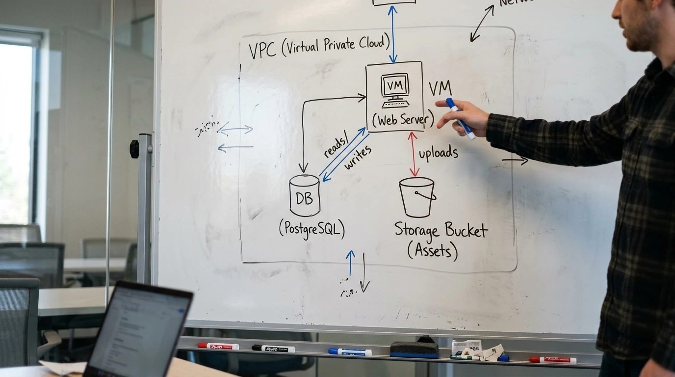A technical diagram illustrating interconnected cloud resources like virtual machines, databases, and storage.