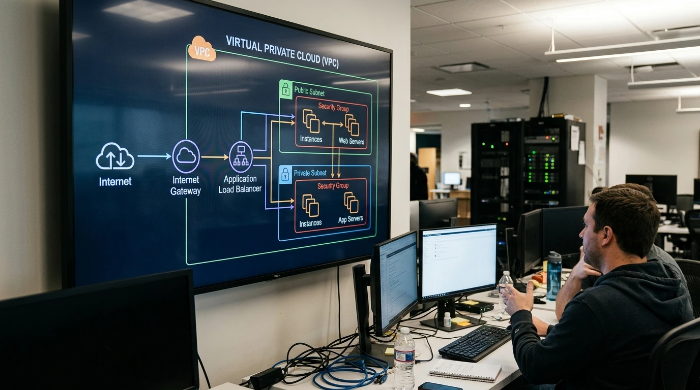 A network diagram depicting a Virtual Private Cloud (VPC) with subnets, security groups, and a load balancer.