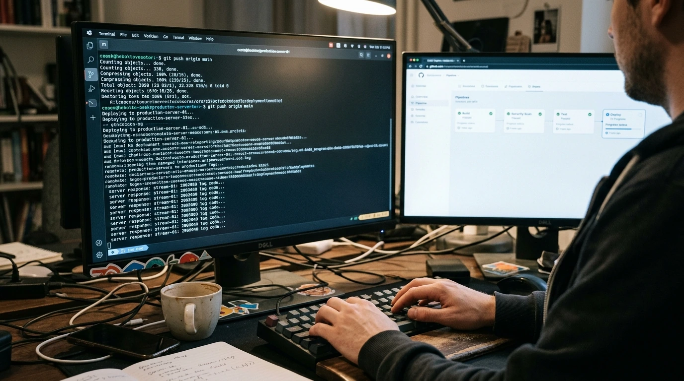 A developer deploying a web application using Git commands and monitoring a CI/CD pipeline.