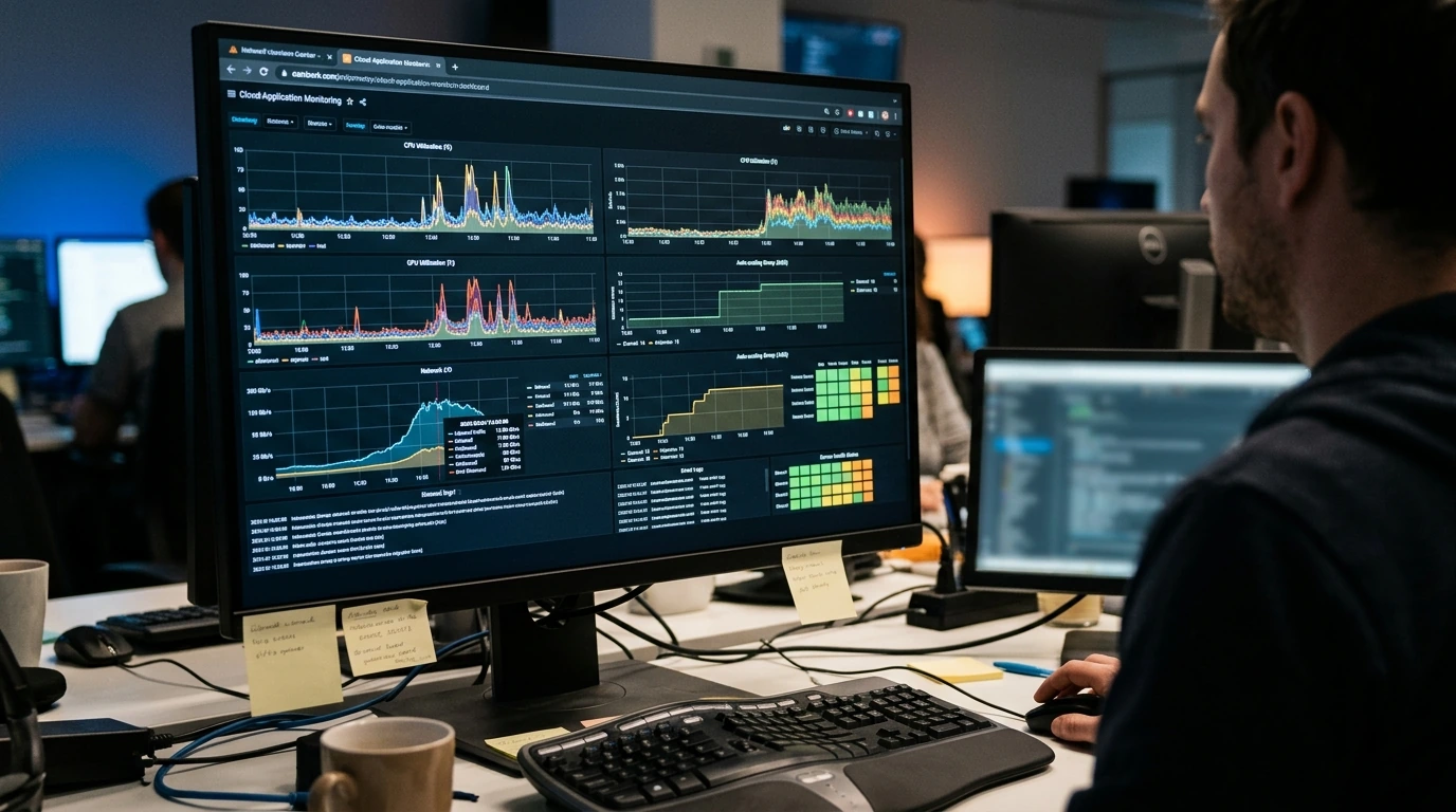 A real-time monitoring dashboard displaying performance metrics and auto-scaling activity for a cloud application.