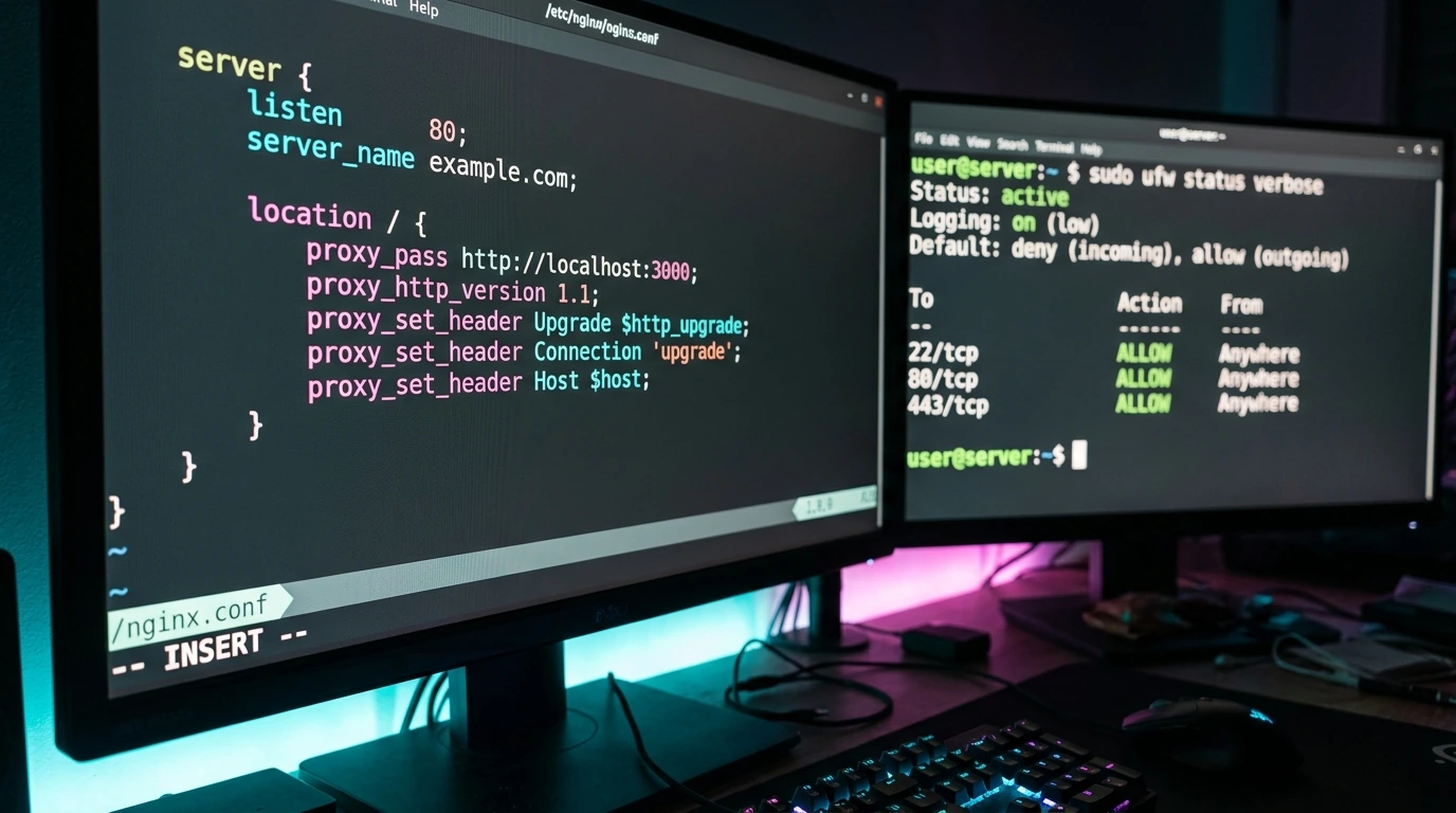 Developer terminal screen showing Nginx configuration and secure terminal commands.