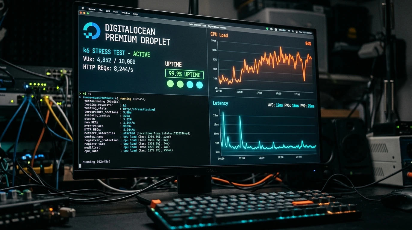 Terminal console showing real-time load testing metrics and server performance analytics.