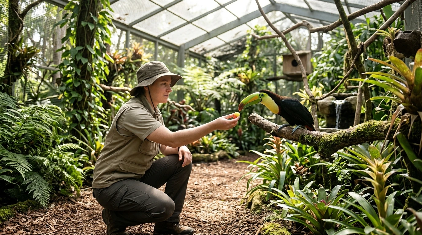 A person offering a treat to a long-billed bird within an aviary, demonstrating a positive reinforcement technique for taming.