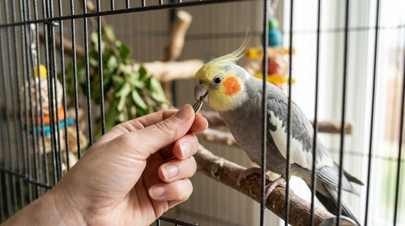 A human hand offering a treat to a calm bird, illustrating positive reinforcement techniques for behavioral modification in aggressive avian species.