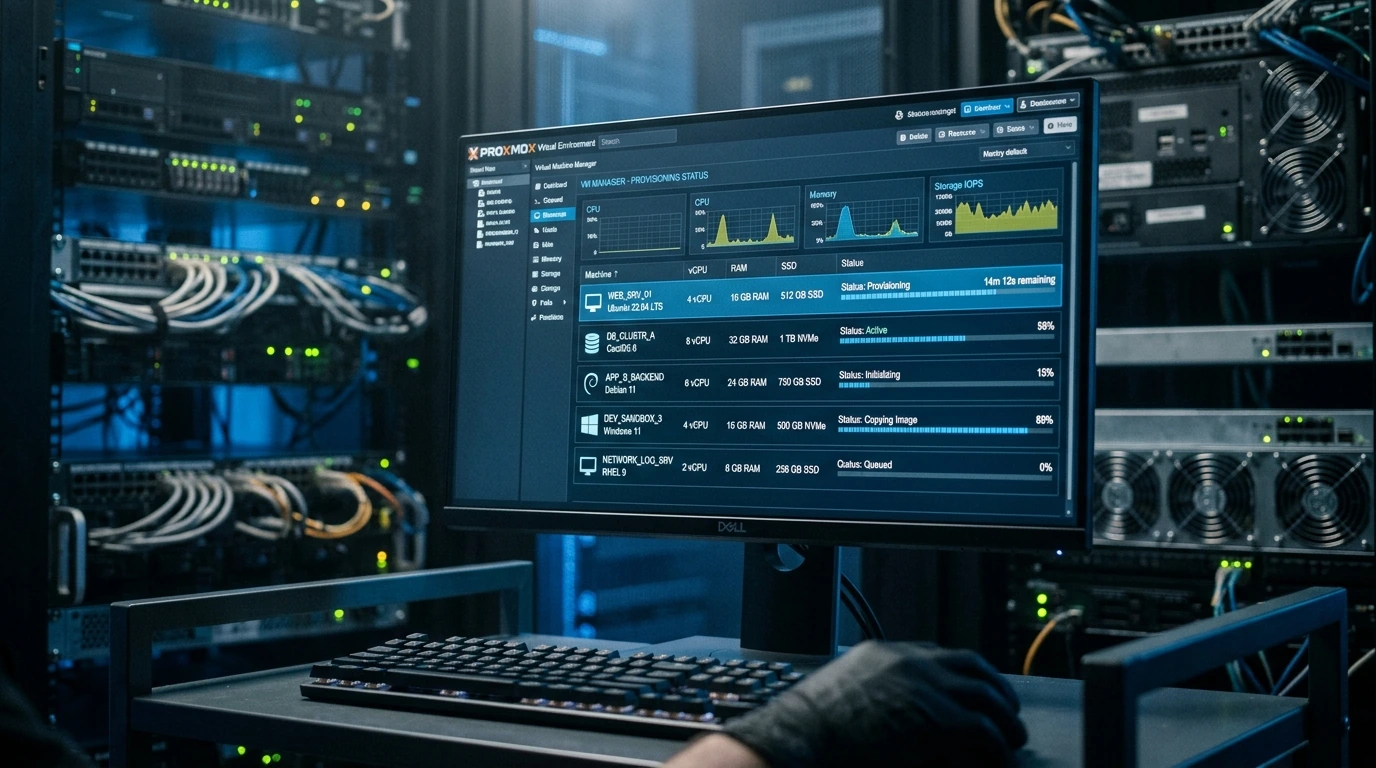 A screen displaying a virtual machine manager interface, illustrating the allocation of resources to various virtual instances for a DIY cloud environment.