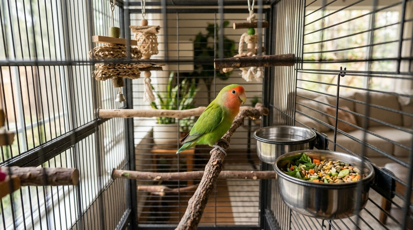 Seekor Lovebird di dalam sangkar yang bersih dan luas, dengan pakan serta air minum yang segar, menggambarkan lingkungan perawatan optimal.