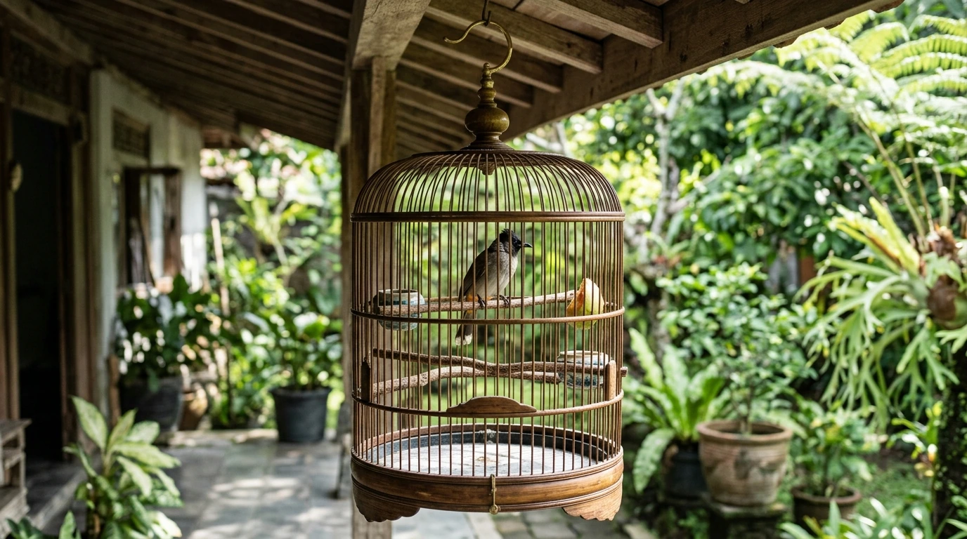 Kandang burung Kutilang yang bersih dan terawat, diletakkan di lingkungan alami yang tenang dengan pencahayaan alami.