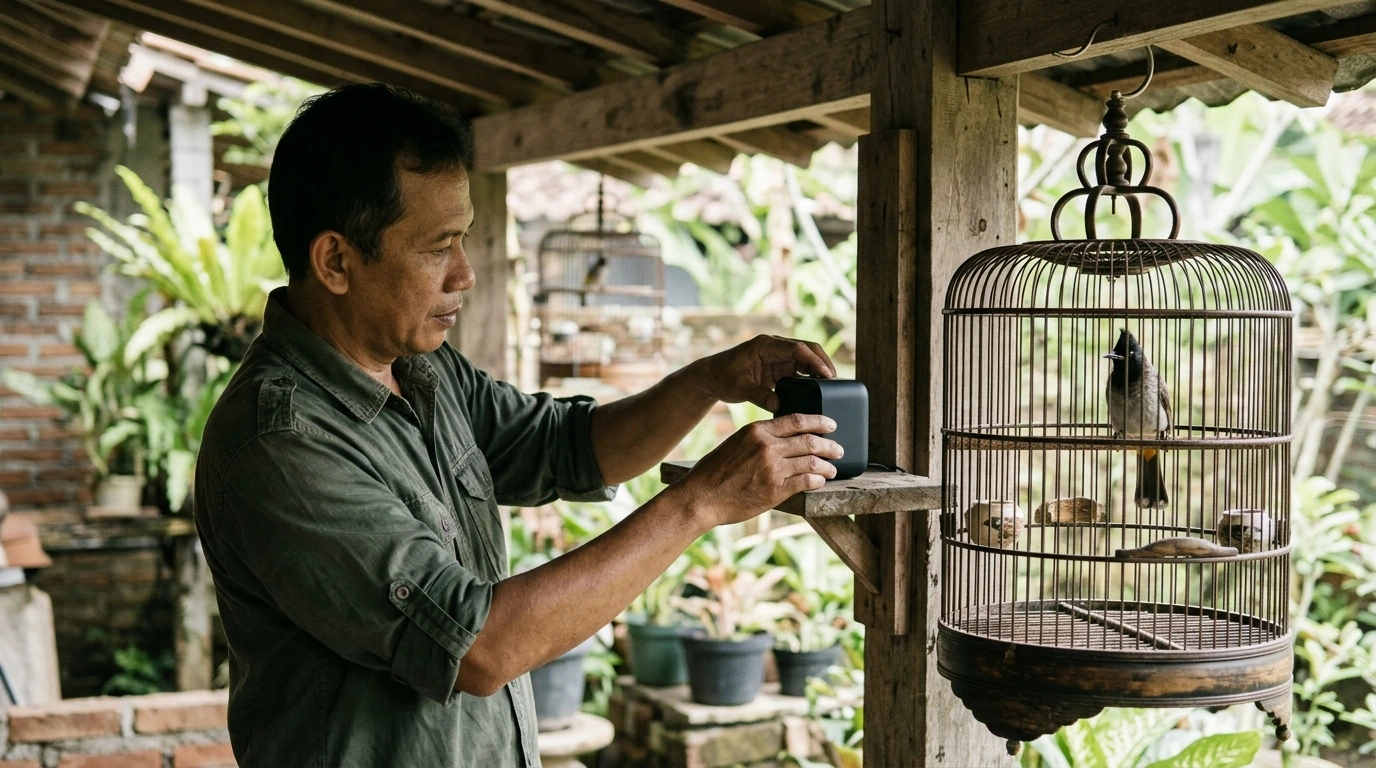 Seorang ahli avikultur sedang menempatkan speaker audio untuk proses pemasteran di dekat kandang burung Kutilang.