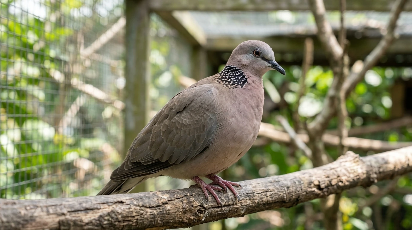 Burung Derkuku Biasa dengan ciri khas bulu coklat keabu-abuan dan kalung hitam di leher, terlihat tenang di dalam sangkar.