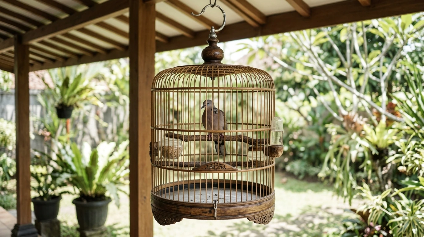 Kandang burung Derkuku yang bersih dan terawat dengan baik di lingkungan yang terang.