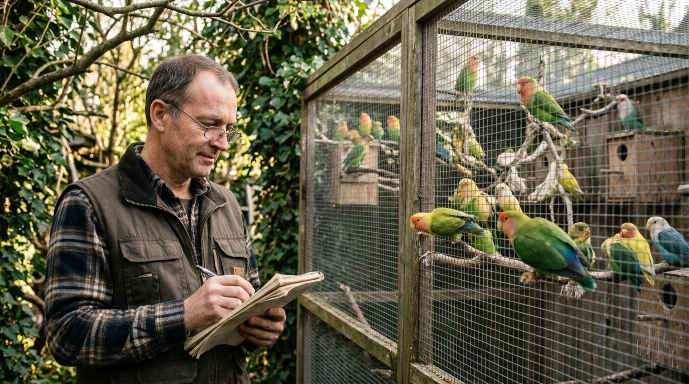 Peternak Lovebird mengamati burung untuk penilaian