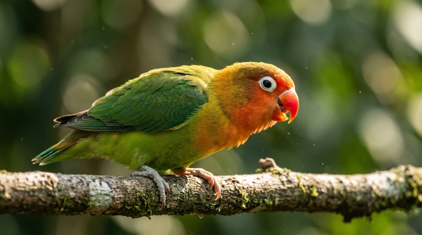 Lovebird sedang berkicau dengan ekspresi intens