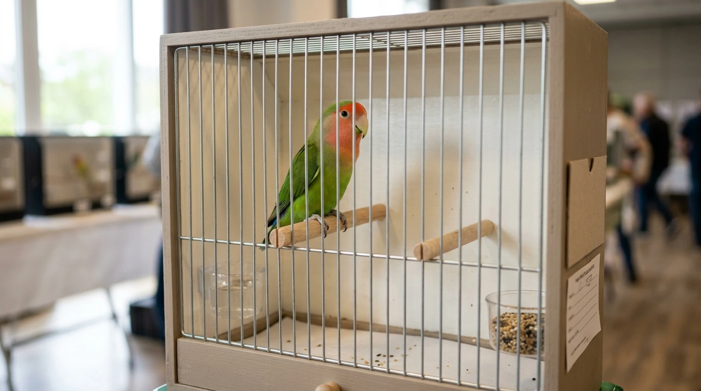 Lovebird di kandang kontes menunjukkan mental juara