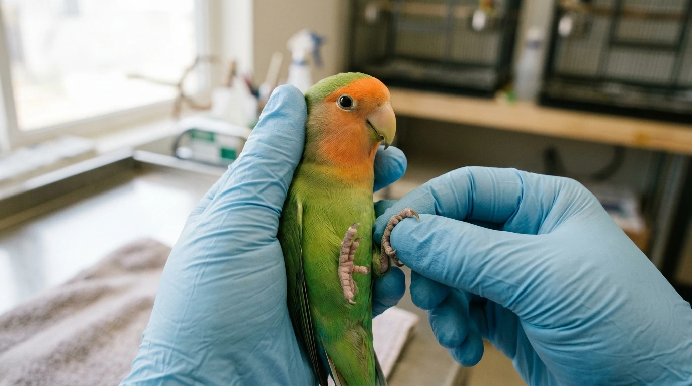 Tangan merawat Lovebird, memeriksa kesehatan bulu
