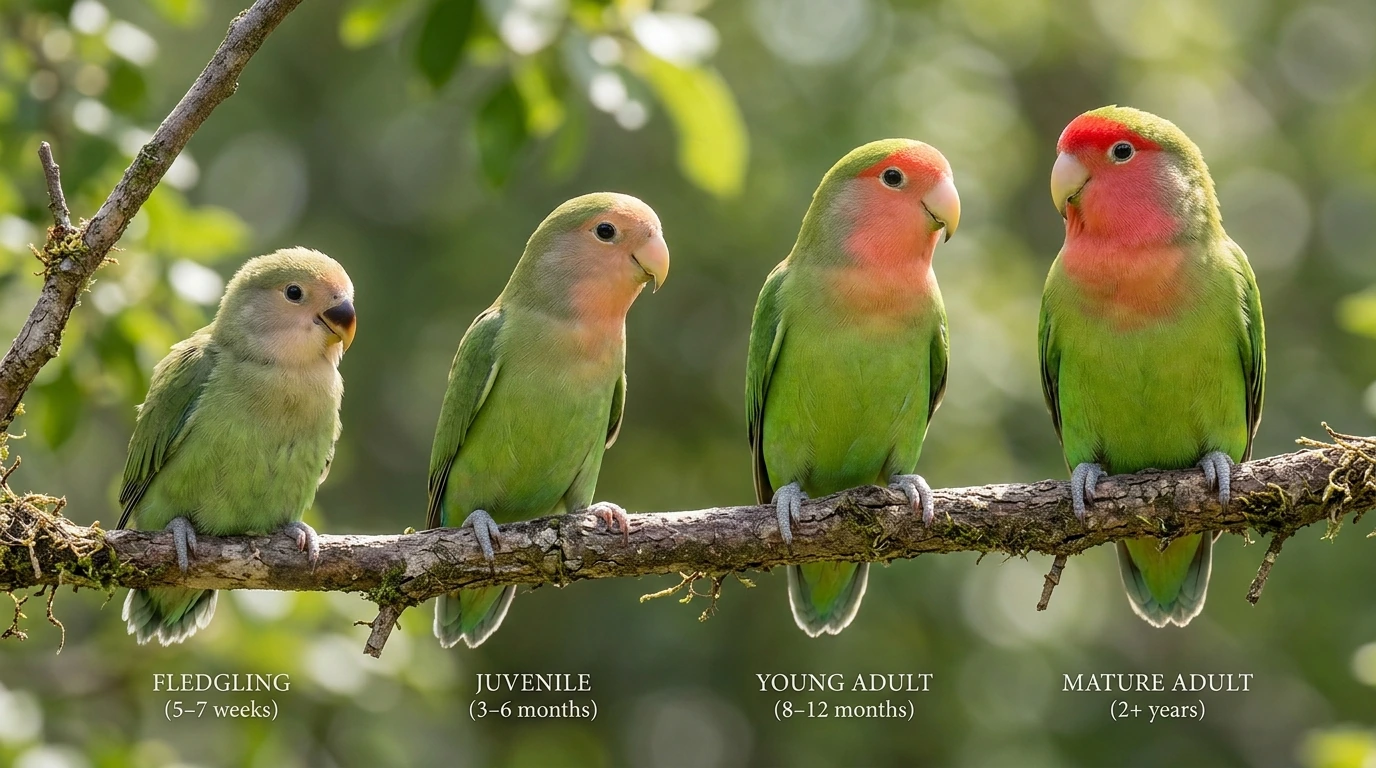 Lovebird berbagai usia, dari anakan hingga dewasa