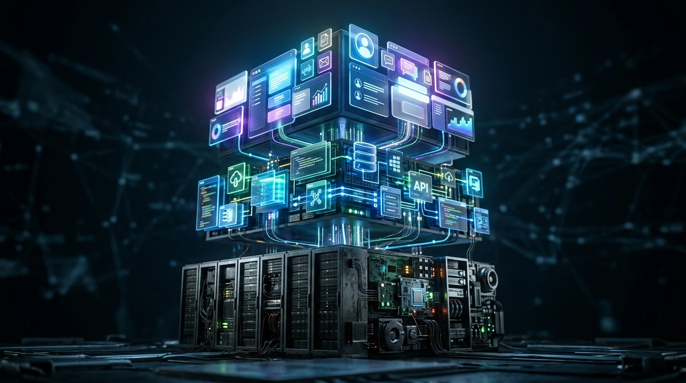 A layered visual representation of cloud service models, showing Infrastructure as a Service (IaaS) at the base, Platform as a Service (PaaS) in the middle, and Software as a Service (SaaS) at the top, connected by data flows.