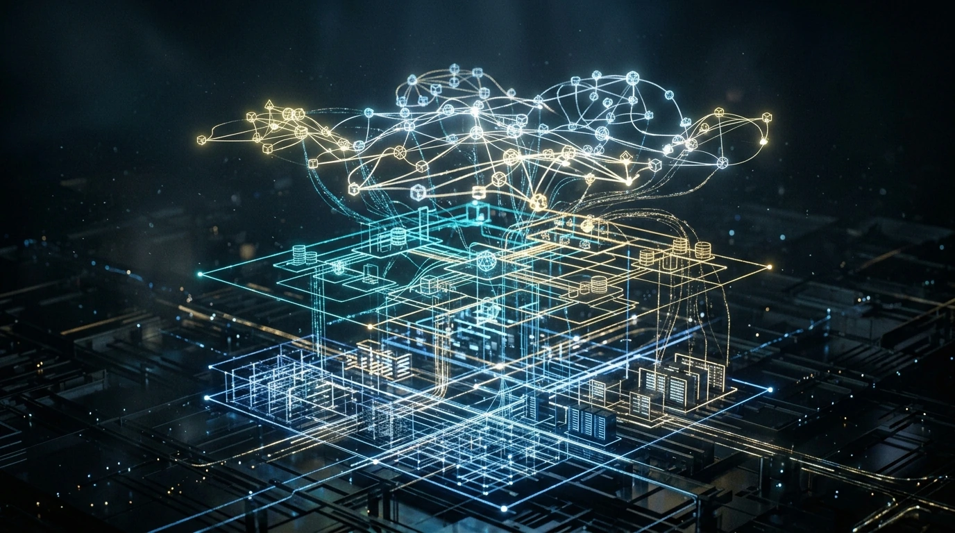 A cinematic rendering of interconnected cloud service models (IaaS, PaaS, SaaS) illustrating different abstraction layers and data flow within a conceptual cloud architecture.