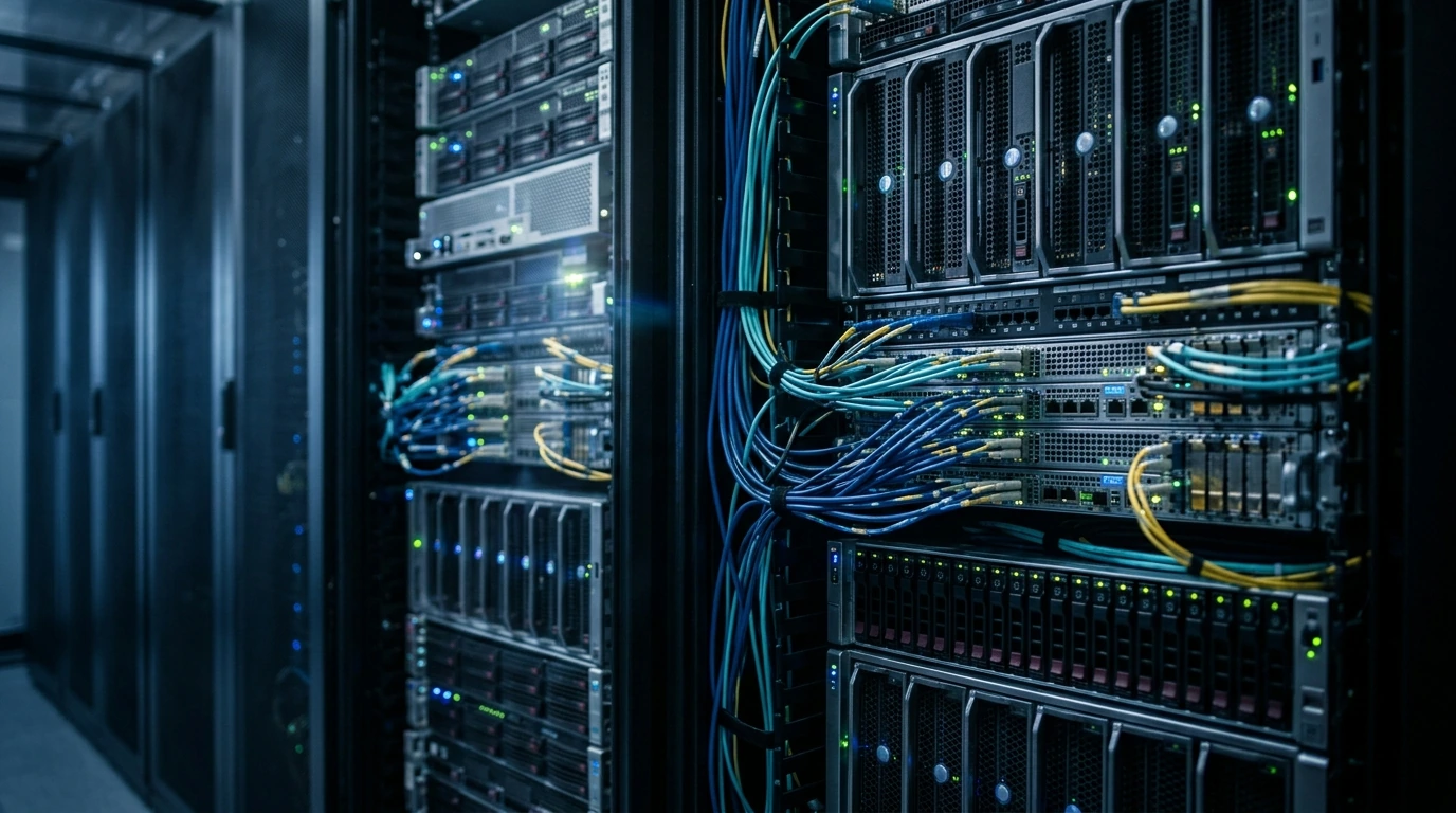 A detailed, cinematic view of a modern data center server rack, highlighting the physical components and network interconnections that form the backbone of cloud infrastructure.