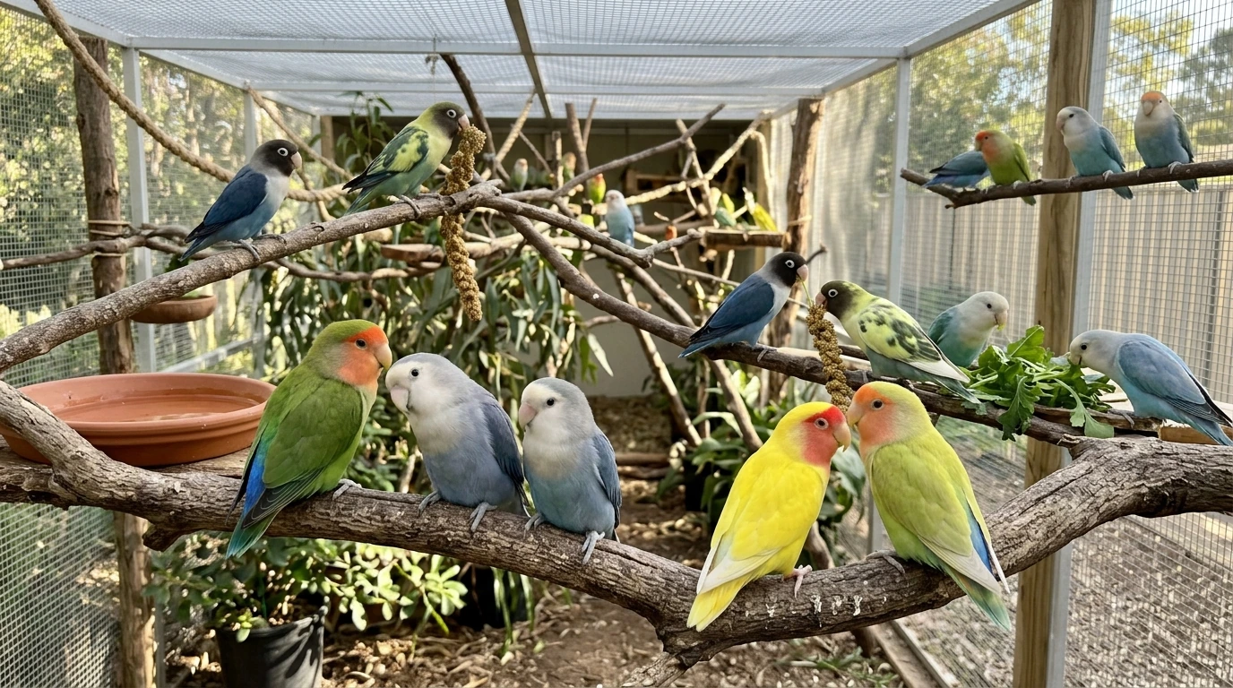 Berbagai jenis Lovebird dengan mutasi warna umum seperti hijau, biru, dan pastel berada di dalam aviary yang bersih dan luas.