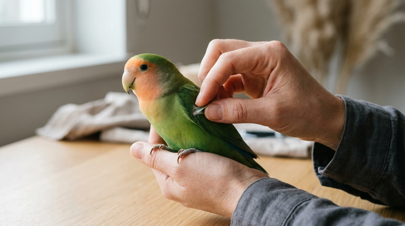 Tangan melakukan pemeriksaan kesehatan ringan pada Lovebird yang sehat dan terawat, menekankan pentingnya kondisi fisik burung.