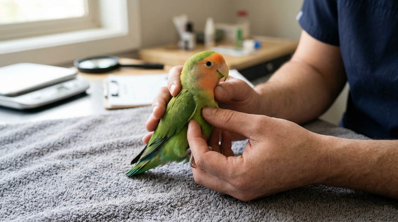 Seekor Lovebird membuka paruh, sedang berkicau aktif di dalam sangkar kontes yang bersih, menunjukkan potensi juara.