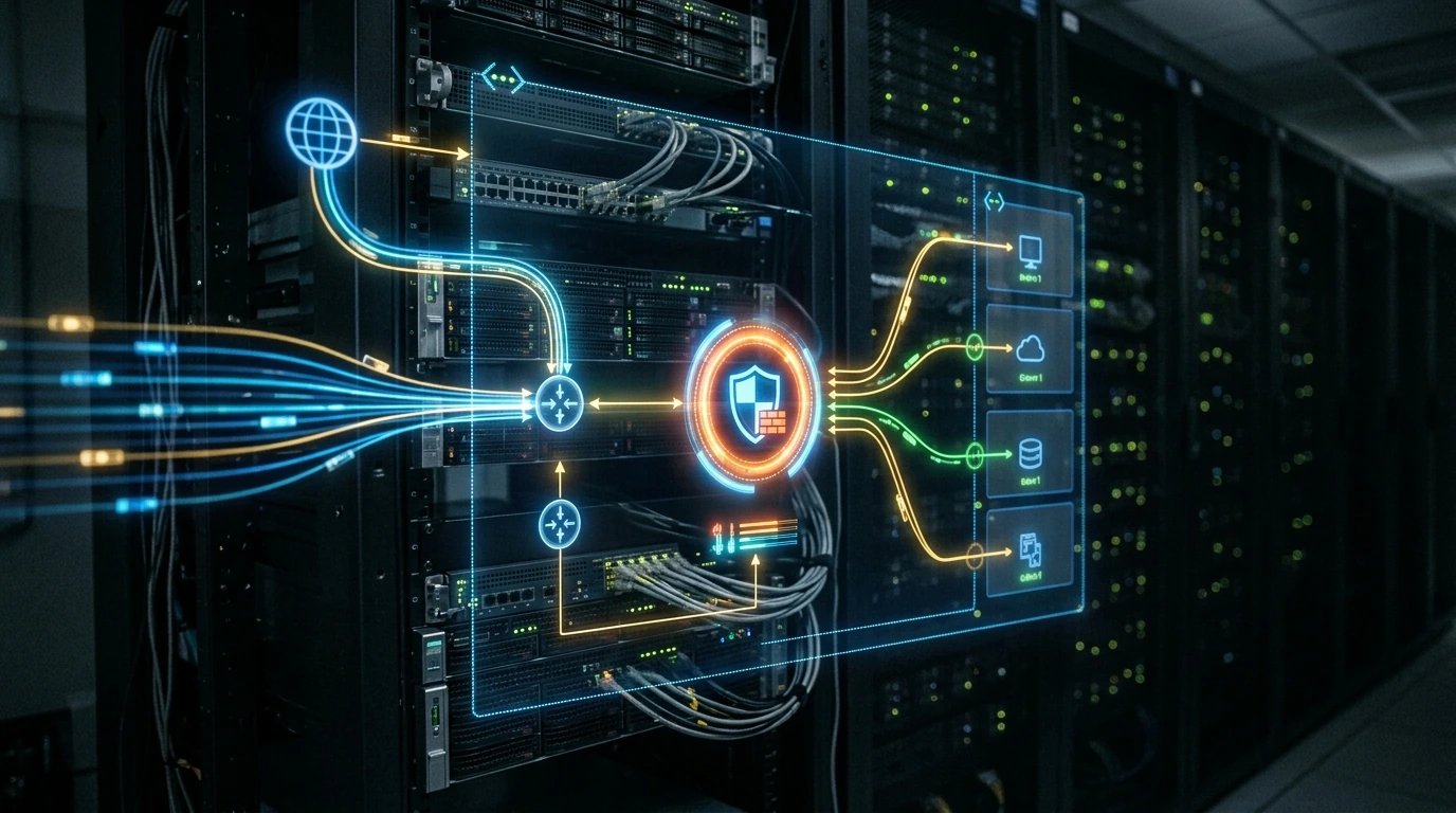 An intricate visual representation of Azure network security architecture, with data flows emphasizing firewall and routing policies.
