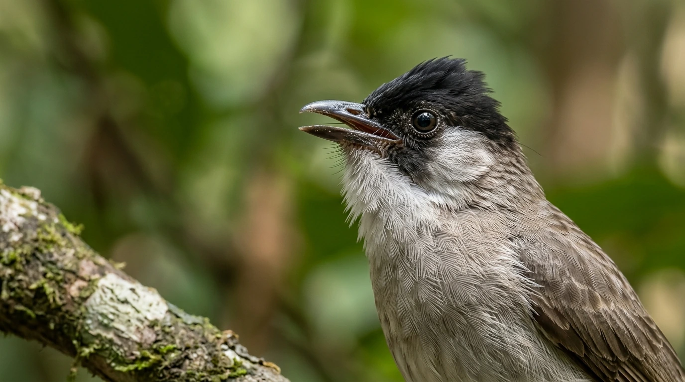 Detail kepala dan tenggorokan burung Kutilang, menyoroti mekanisme fisik di balik kicauan yang kuat.