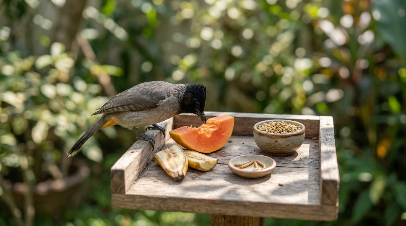 Pakan sehat dan bervariasi untuk Kutilang, termasuk buah-buahan segar dan pelet berkualitas, di dalam wadah bersih.