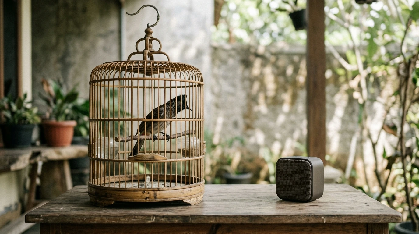 Burung Kutilang mendengarkan suara pemasteran dari speaker kecil, menunjukkan respons terhadap stimulasi vokal.