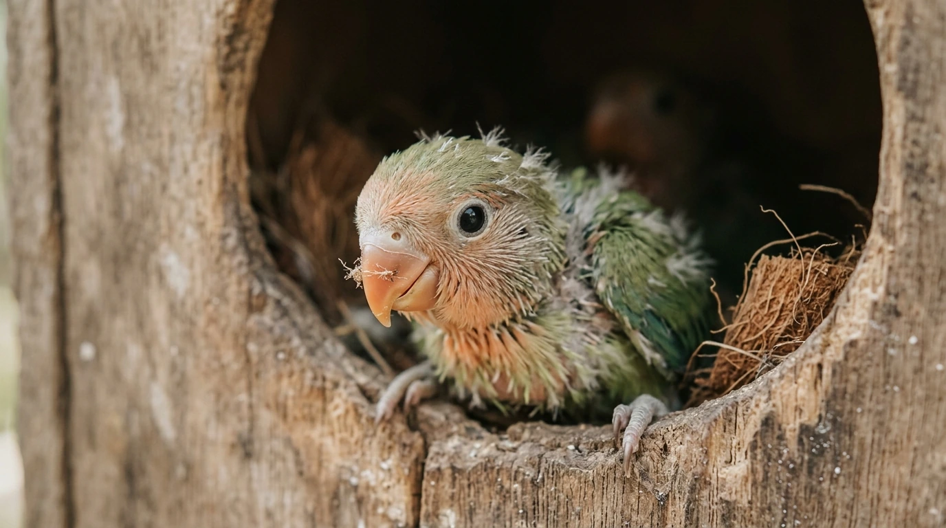 Anakan Lovebird yang penasaran dengan bulu-bulu lembut yang mulai tumbuh, di dalam sarang.