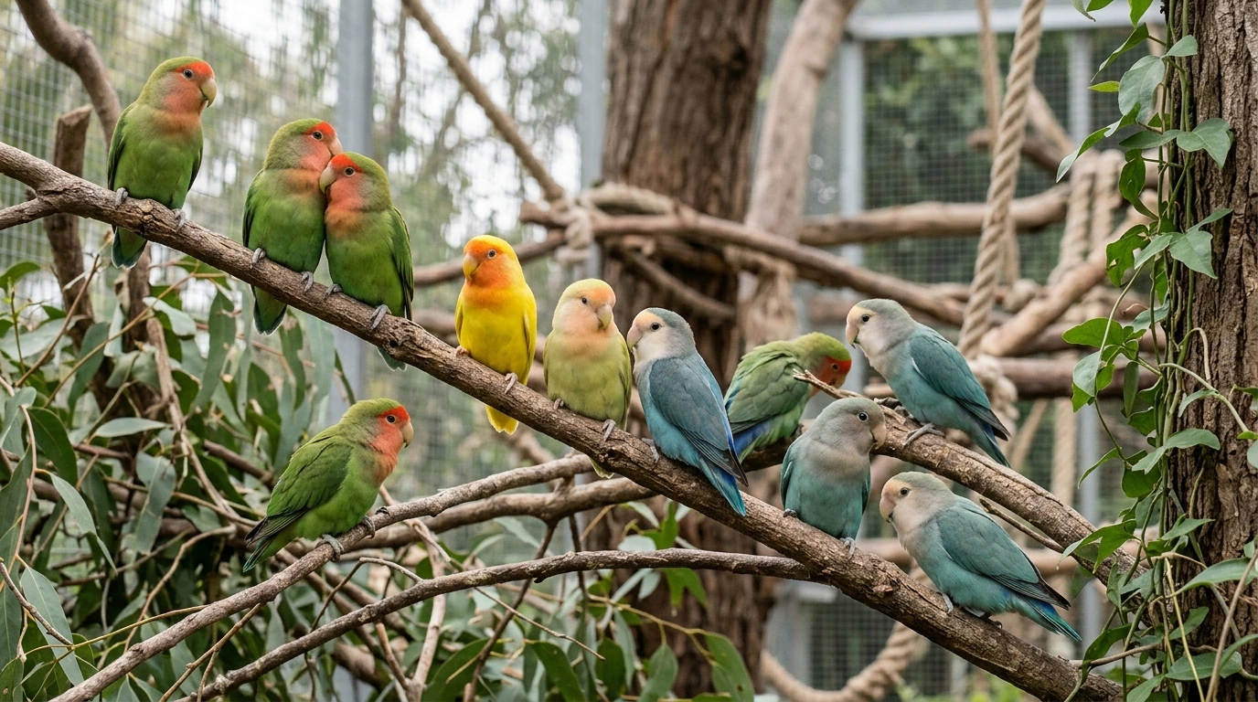Berbagai mutasi Lovebird umum berkumpul di kandang burung yang terawat baik.
