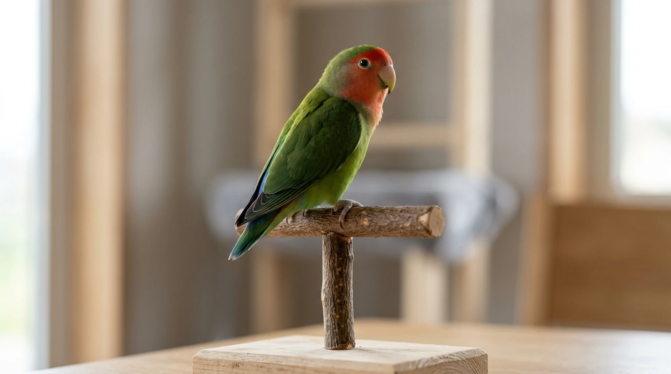 Seekor Lovebird dewasa yang rapi dan waspada bertengger di tiang pelatihan, siap untuk kontes.