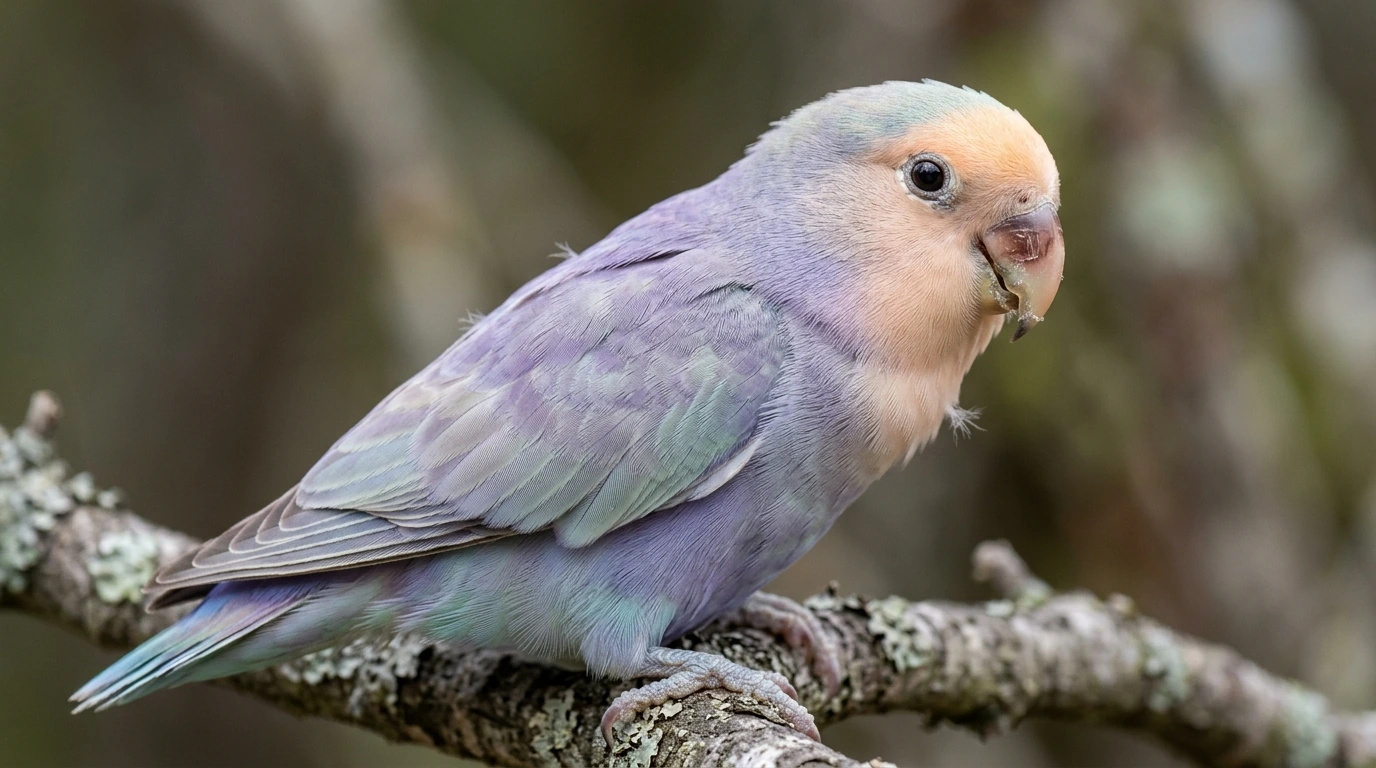 Tampilan dekat pola bulu yang rumit dan warna cerah dari mutasi Lovebird langka.