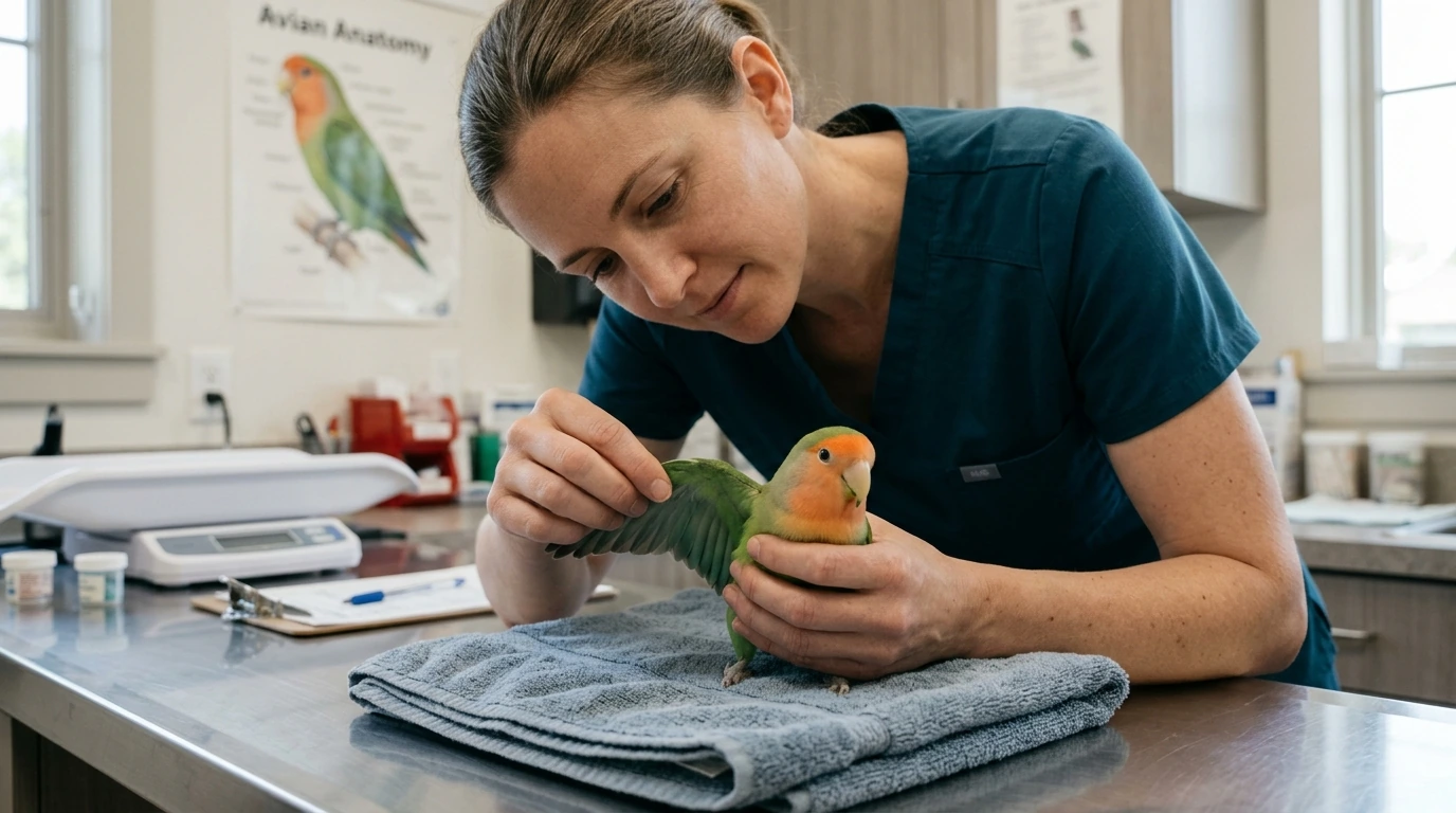 Seorang dokter hewan memeriksa Lovebird yang sehat di klinik burung yang bersih.