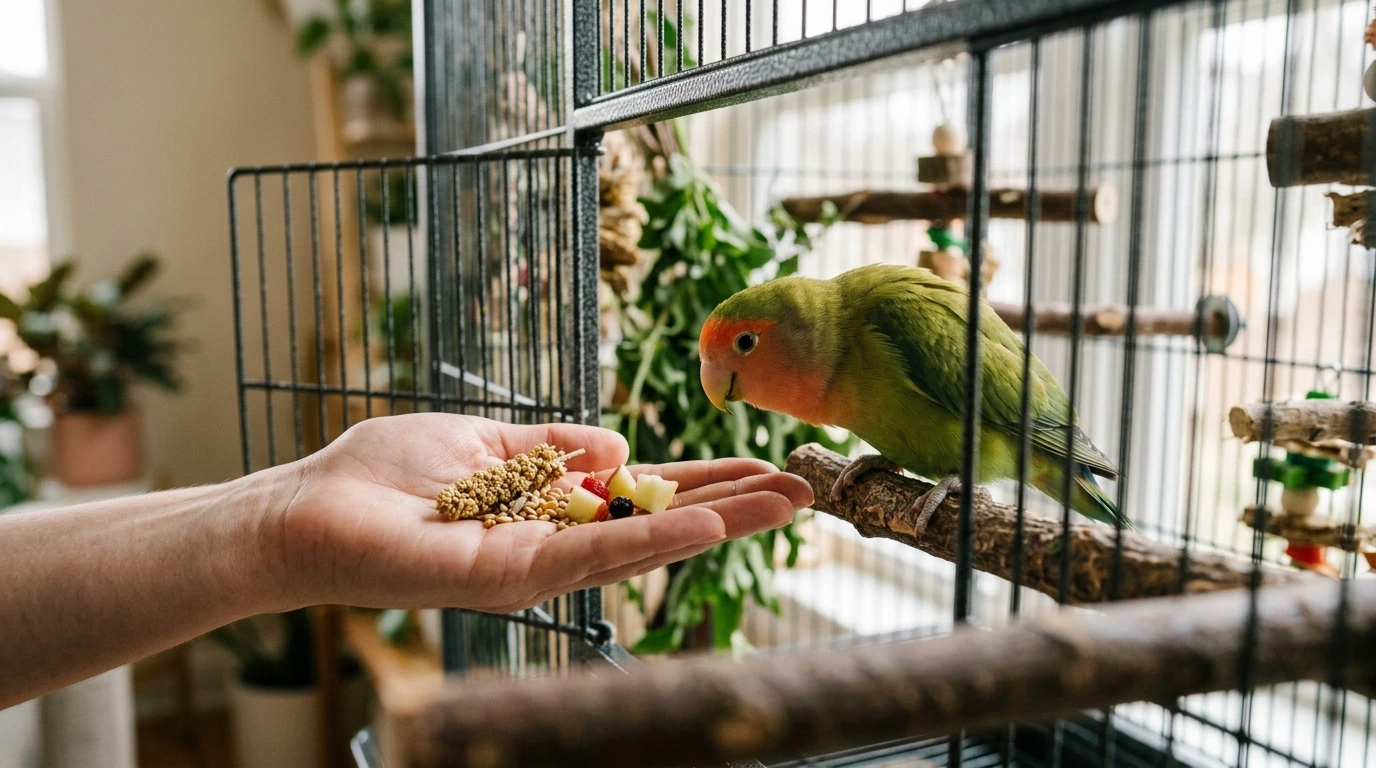 Tangan seseorang dengan lembut menawarkan buah dan biji segar kepada Lovebird di dalam kandang.