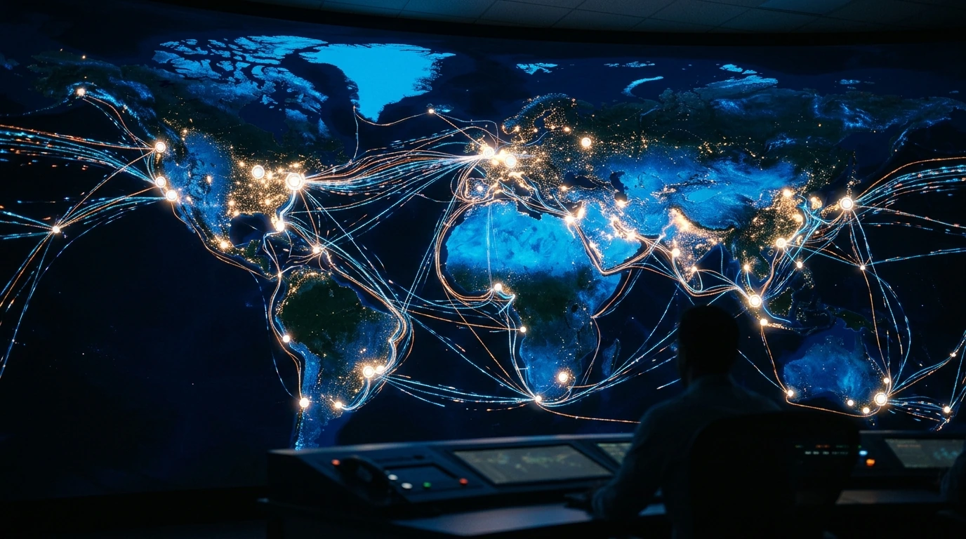 A visual representation of global data flow between cloud data centers, illustrating high performance, low latency, and secure connections across continents.