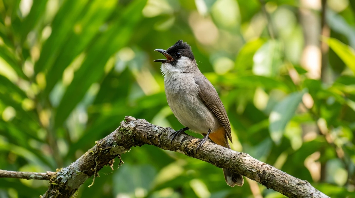 Burung Kutilang bernyanyi dengan riang di dahan pohon hijau